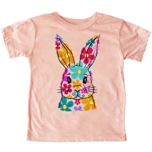Girls peach Easter shirt with colorful floral bunny graphic print, youth sizes