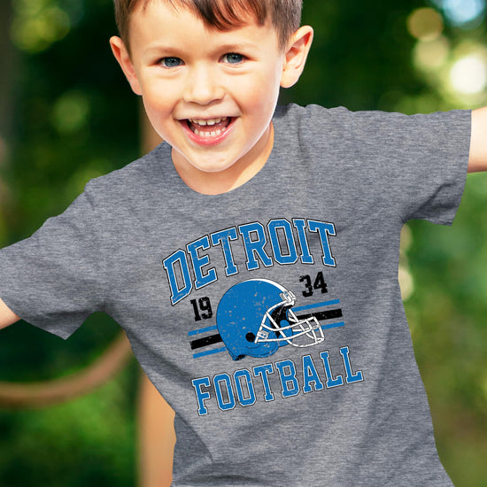 Detroit 1934 football shirt displayed flat showing vintage distressed print quality and granite heather fabric
