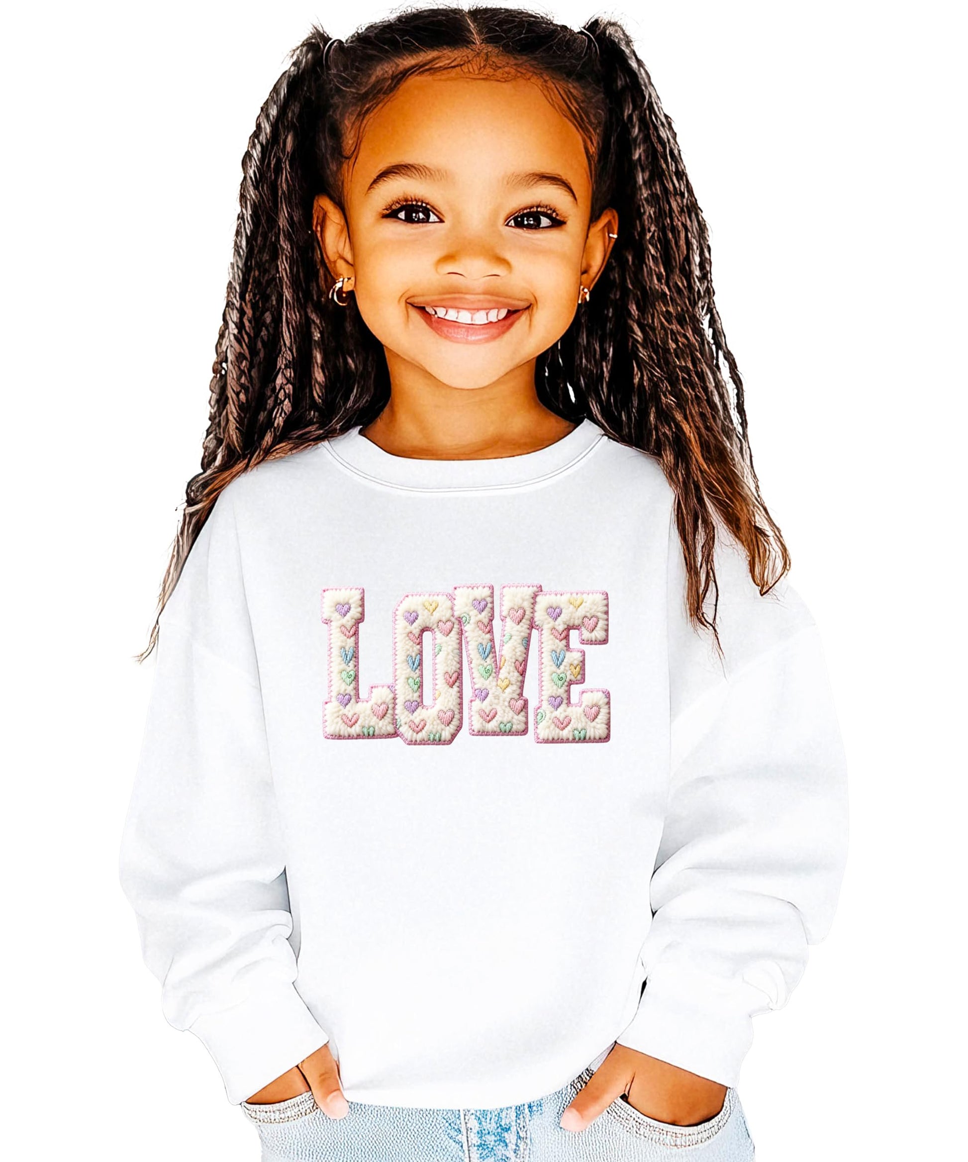 Women modeling girly pink Valentine pullover sweatshirt with retro graphic print