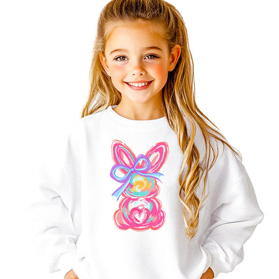 Girls modeling white Easter bunny pullover sweatshirt perfect for spring and holiday photos
