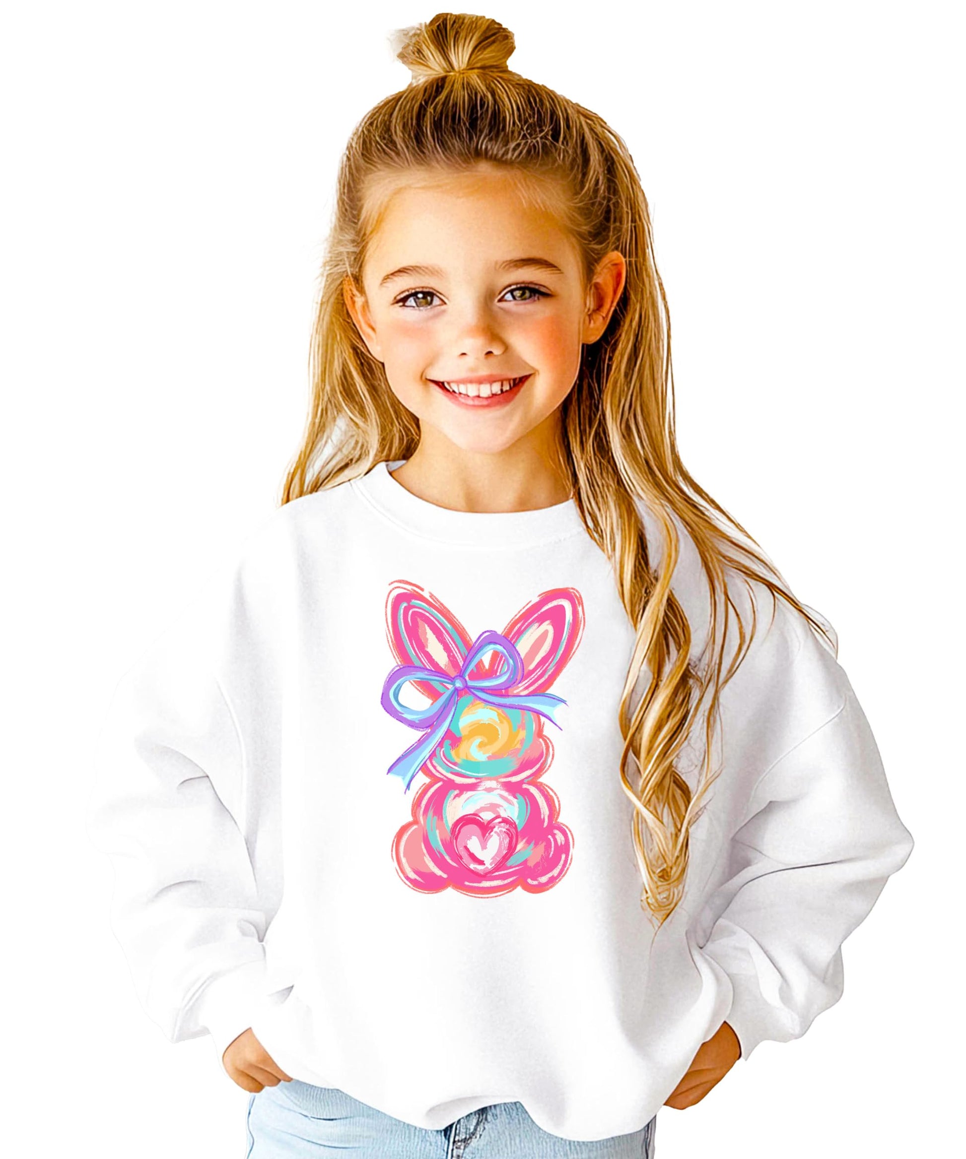 Girls modeling white Easter bunny pullover sweatshirt perfect for spring and holiday photos