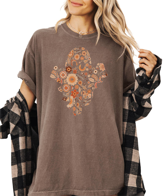 Trendy Orange Floral Ghost Shirt Cute Fall Halloween Graphic T-Shirt Seafoam Shirt Adult Small