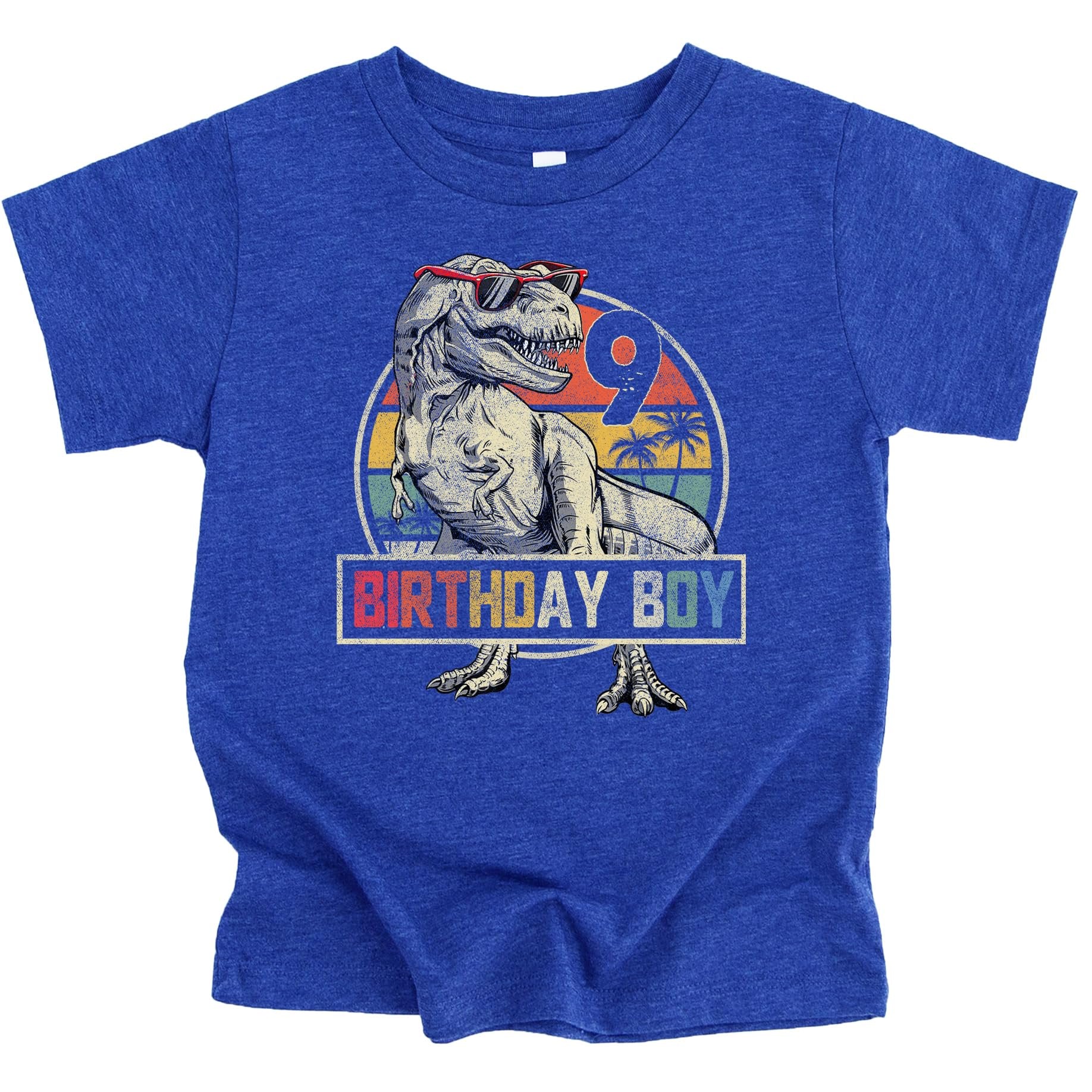 Kids birthday boy graphic tee featuring a cool T-Rex wearing sunglasses with bold number 9 and Birthday Boy text
