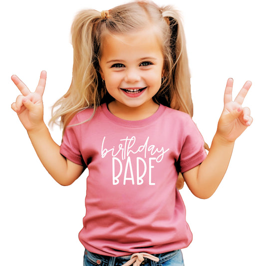 Purple Birthday Babe script graphic shirt for girls by Olive Loves Apple