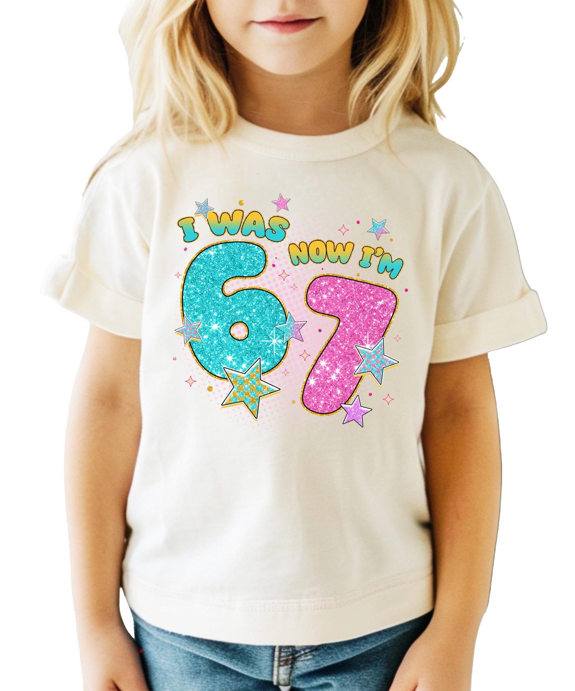 Front view of girls' 7th birthday pink glitter graphic tee by Olive Loves Apple