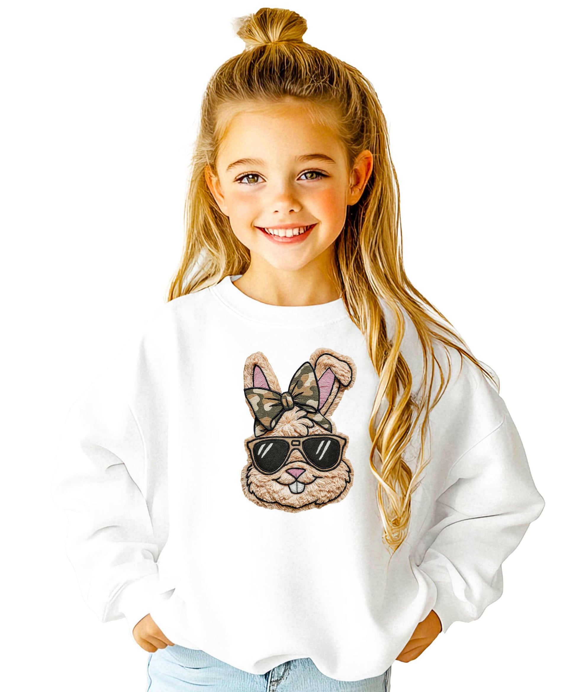 Easter bunny girls sweatshirt shown flat with detailed design view