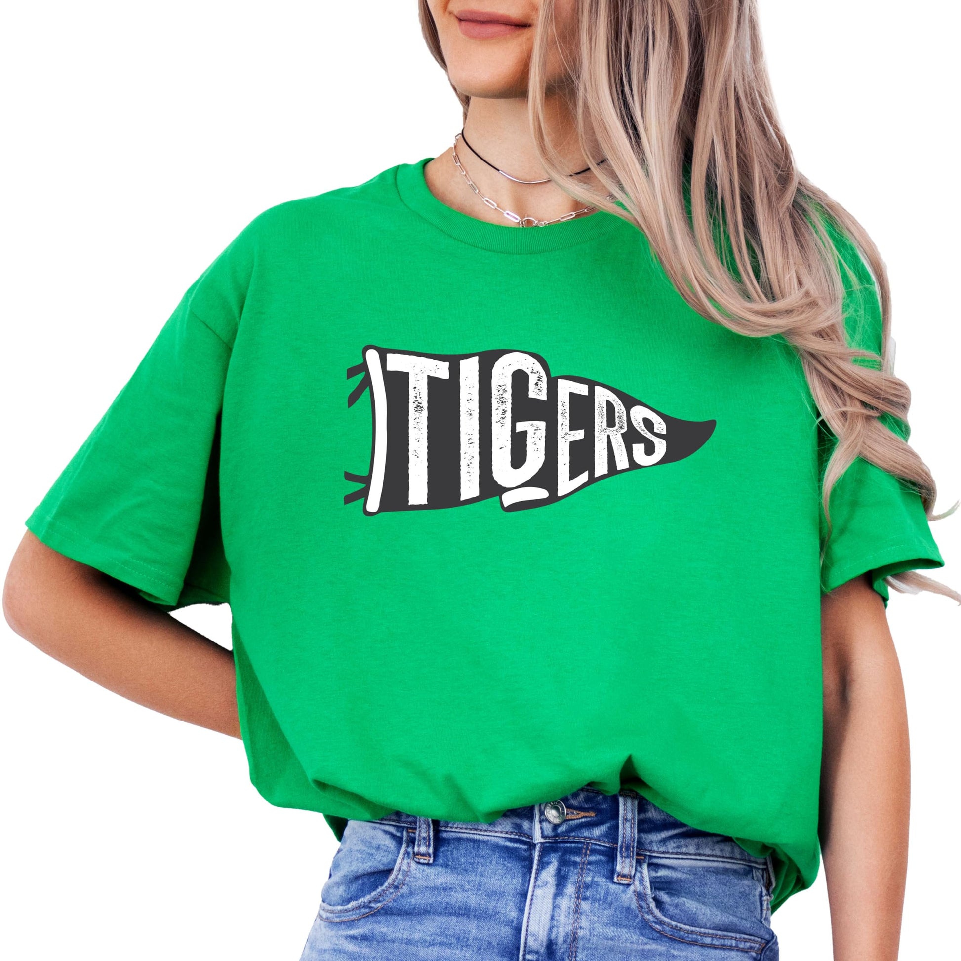 Tigers Flag Mascot game day tee displayed flat, featuring bold vintage-style mascot graphic