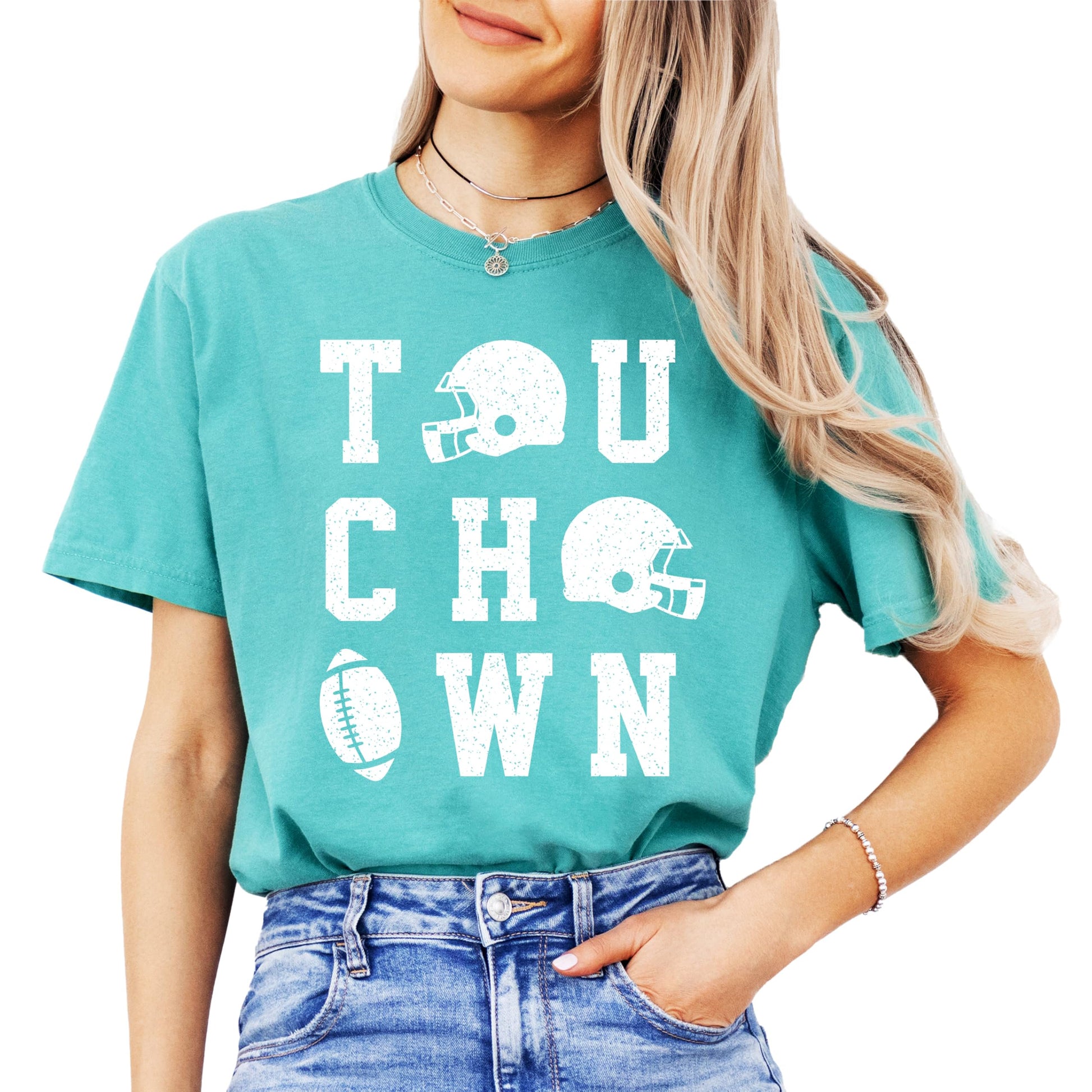 Close-up of touchdown football season shirt showing bold lettering and football graphics