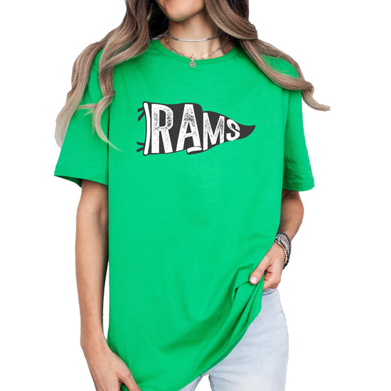 Back view of green Rams mascot unisex game day t-shirt