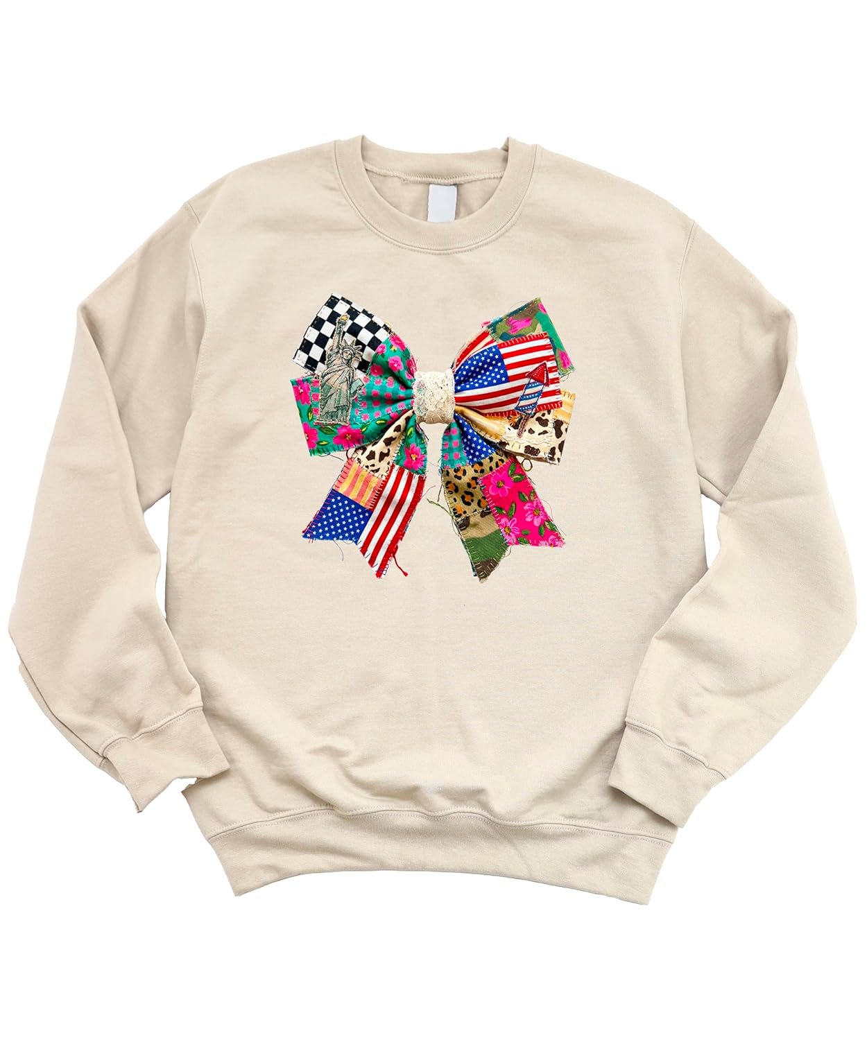 Youth and adult patriotic ribbon bow sweatshirts shown together for family matching July 4th look