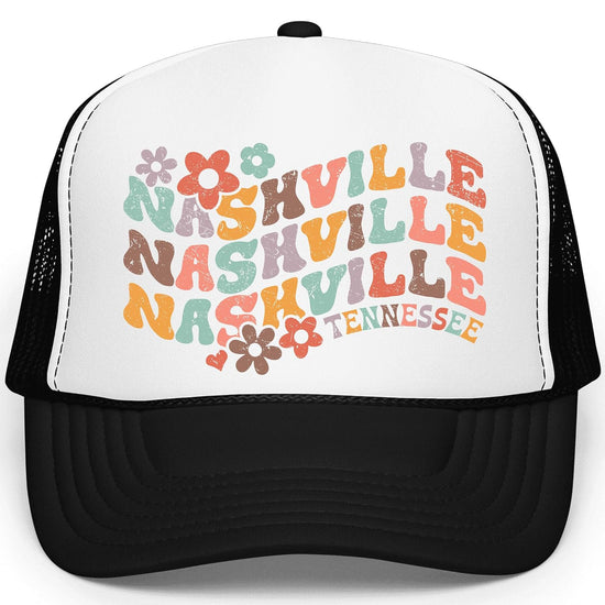 Woman wearing white Nashville Tennessee retro floral trucker hat styled casually outdoors