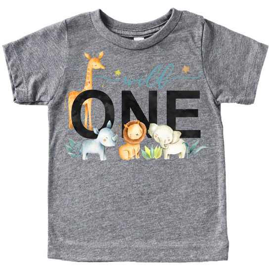 Baby boy wearing Wild One first birthday safari themed shirt, front view