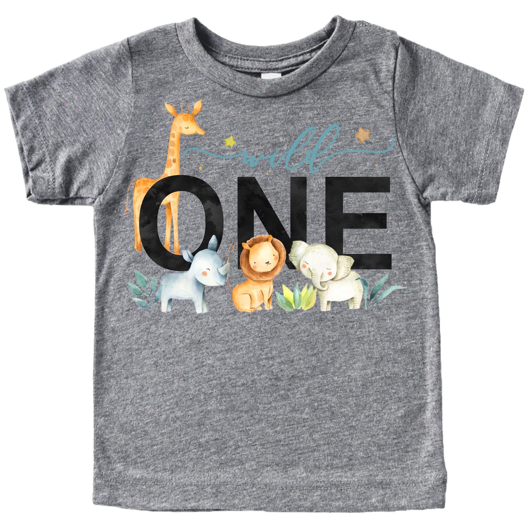 Baby boy wearing Wild One first birthday safari themed shirt, front view