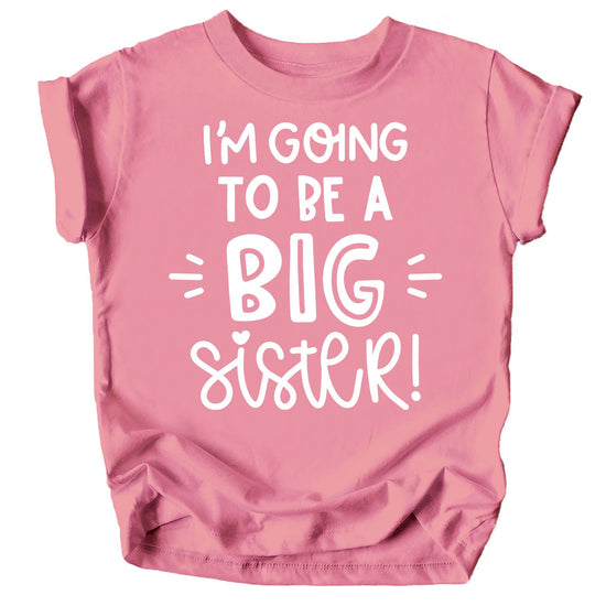 Front view of kids Big Sister announcement shirt in purple with graphic design