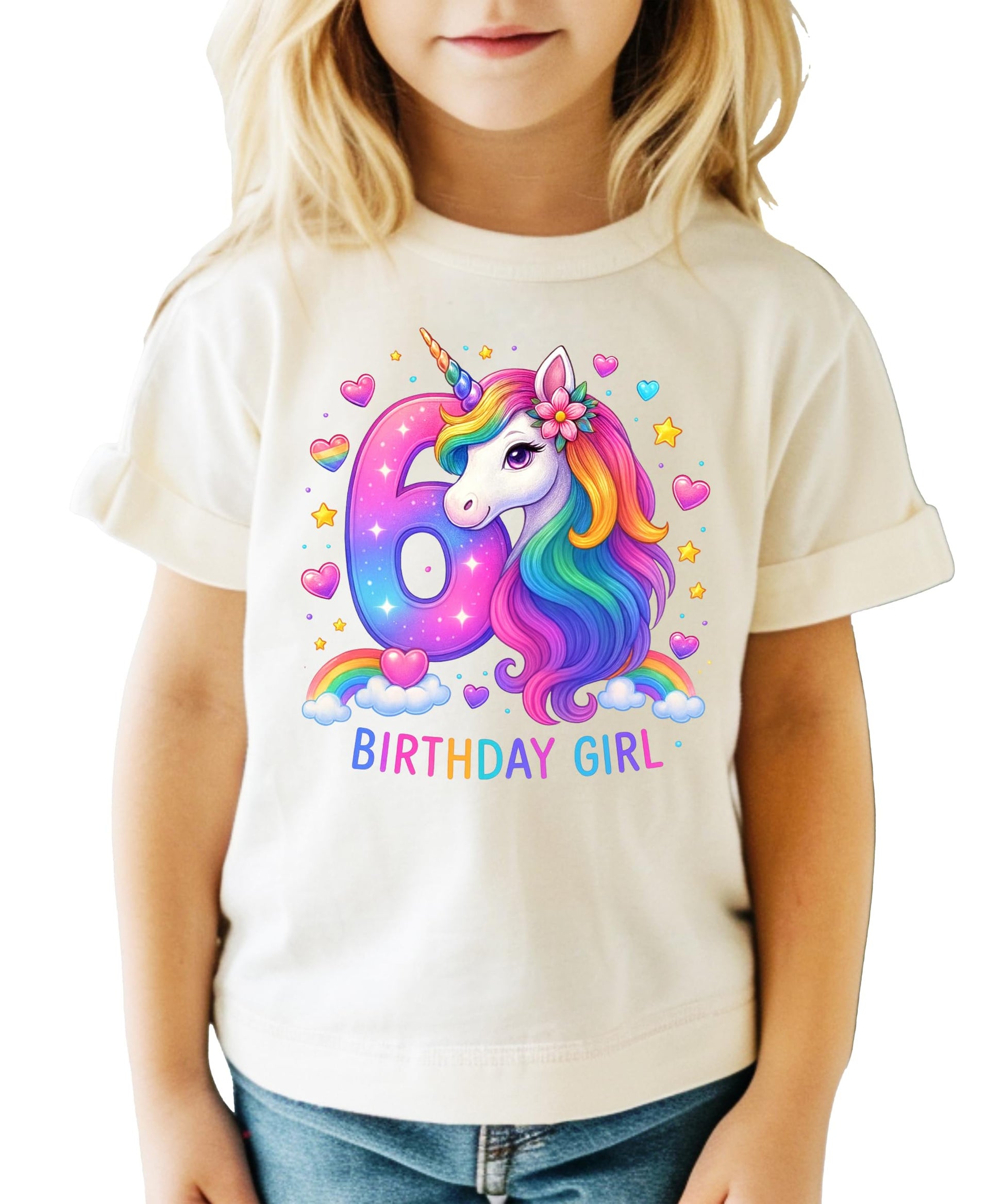Detail shot of six year old birthday unicorn shirt print quality on pink graphic tee