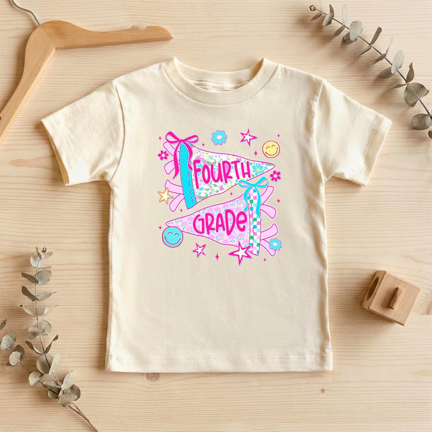 Back to school photo shirt for girls featuring fourth grade pennant design paired with matching accessories