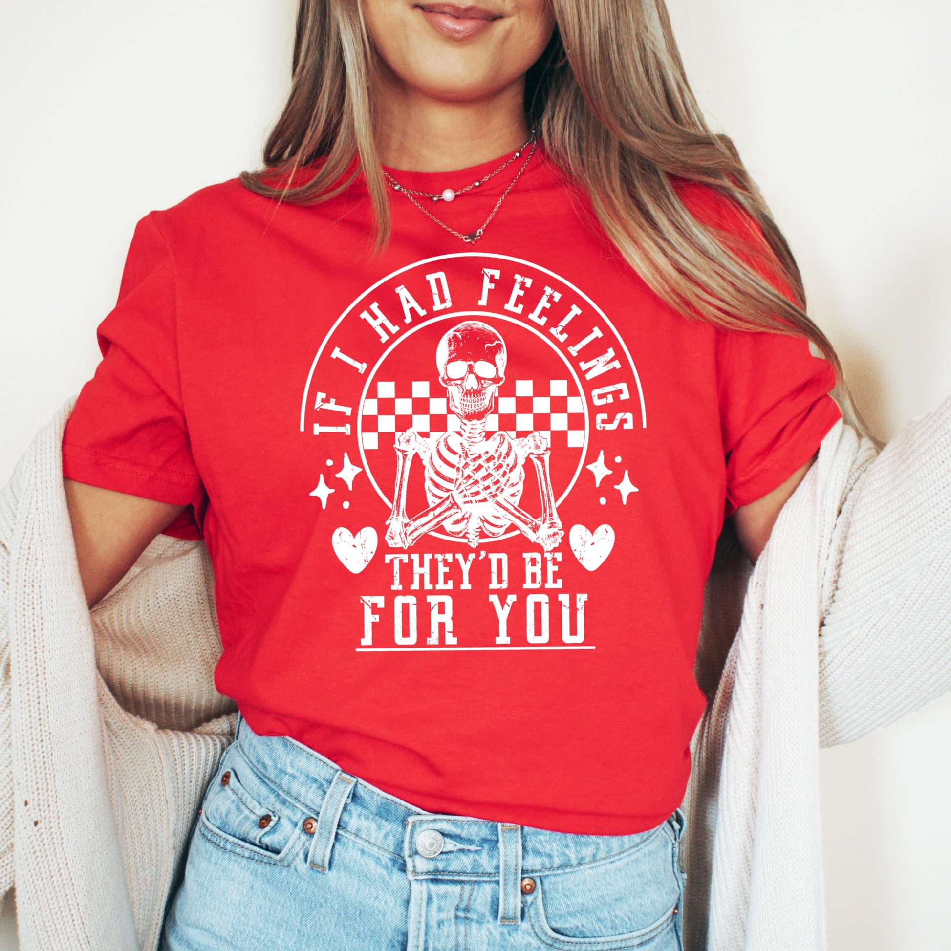 Model wearing funny skeleton Valentine's shirt perfect for Galentine's Day and holiday parties