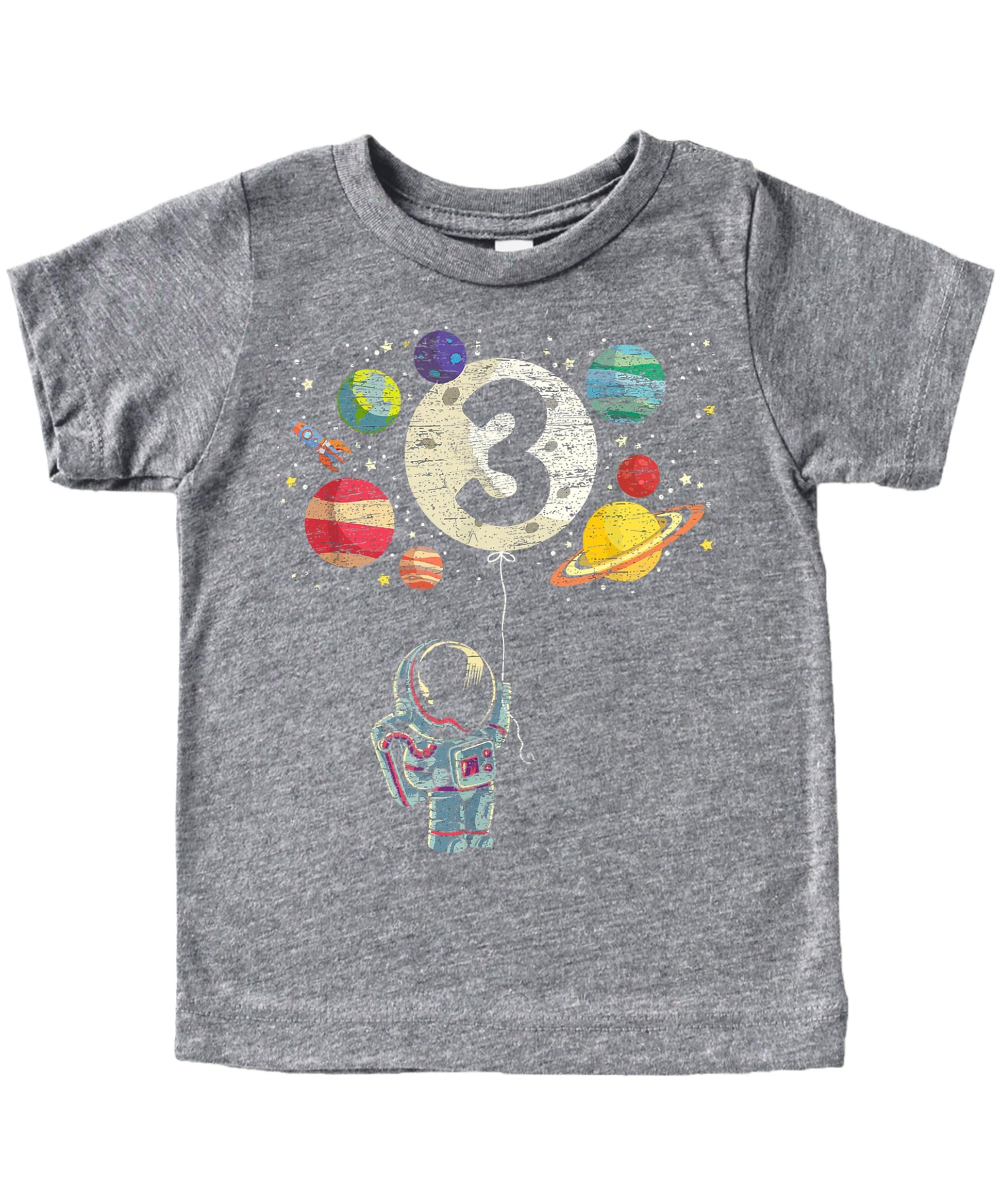 Kids black graphic tee featuring astronaut and moon balloon birthday design