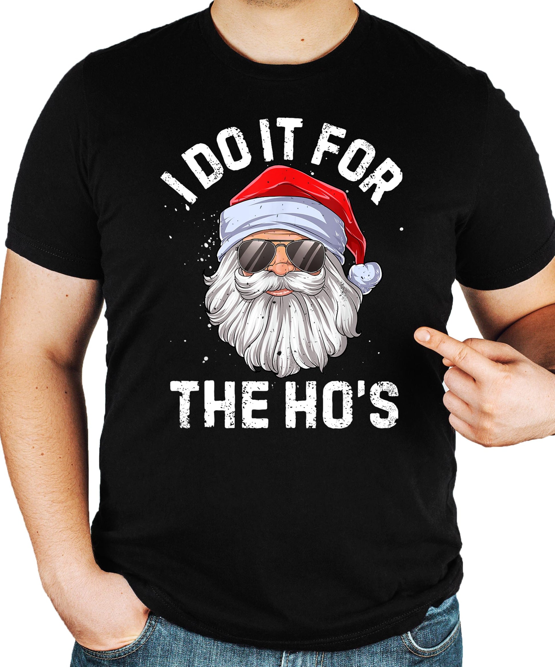 Unisex funny Christmas tee with Santa in sunglasses and 'I Do It For The Ho's' graphic print