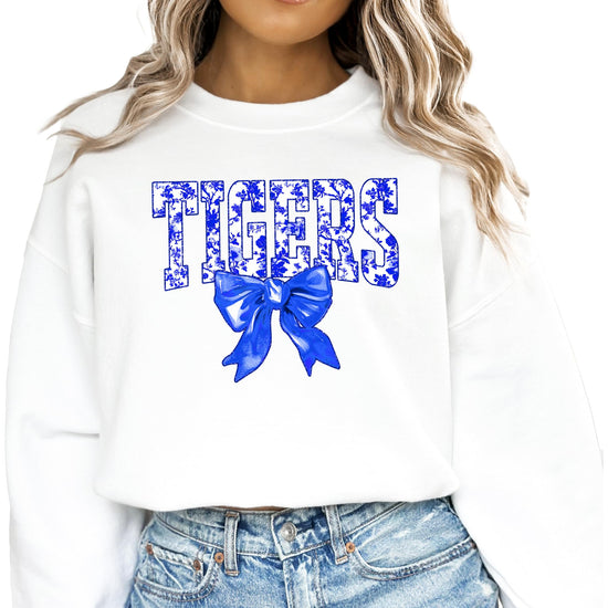 Tigers blue bow sweatshirt styled look showing relaxed fit and trendy design