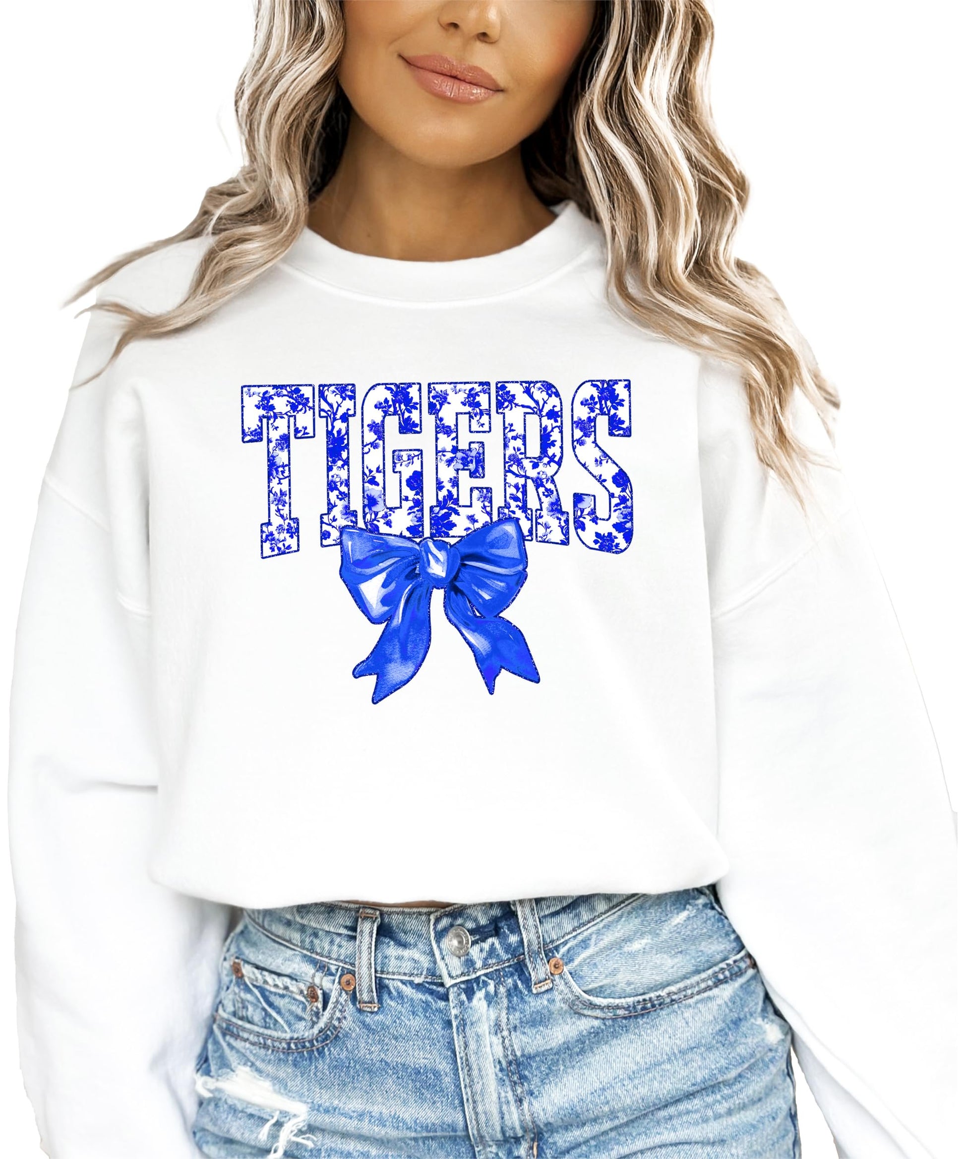Tigers blue bow sweatshirt styled look showing relaxed fit and trendy design