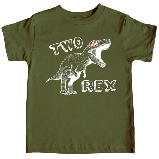 Front view of 2nd birthday dinosaur T-Rex shirt for boys and girls in mauve