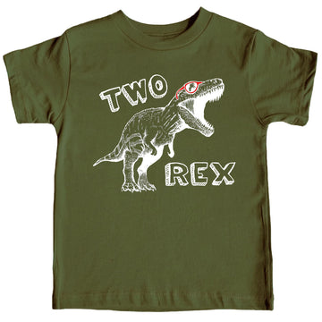 Front view of 2nd birthday dinosaur T-Rex shirt for boys and girls in mauve