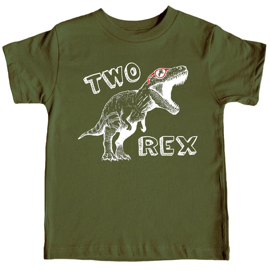 Front view of 2nd birthday dinosaur T-Rex shirt for boys and girls in mauve