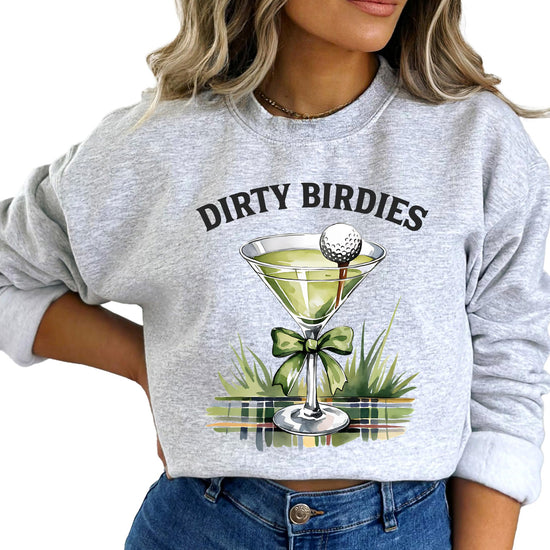 Flat lay of Dirty Birdies funny ladies golf crewneck sweatshirt in white
