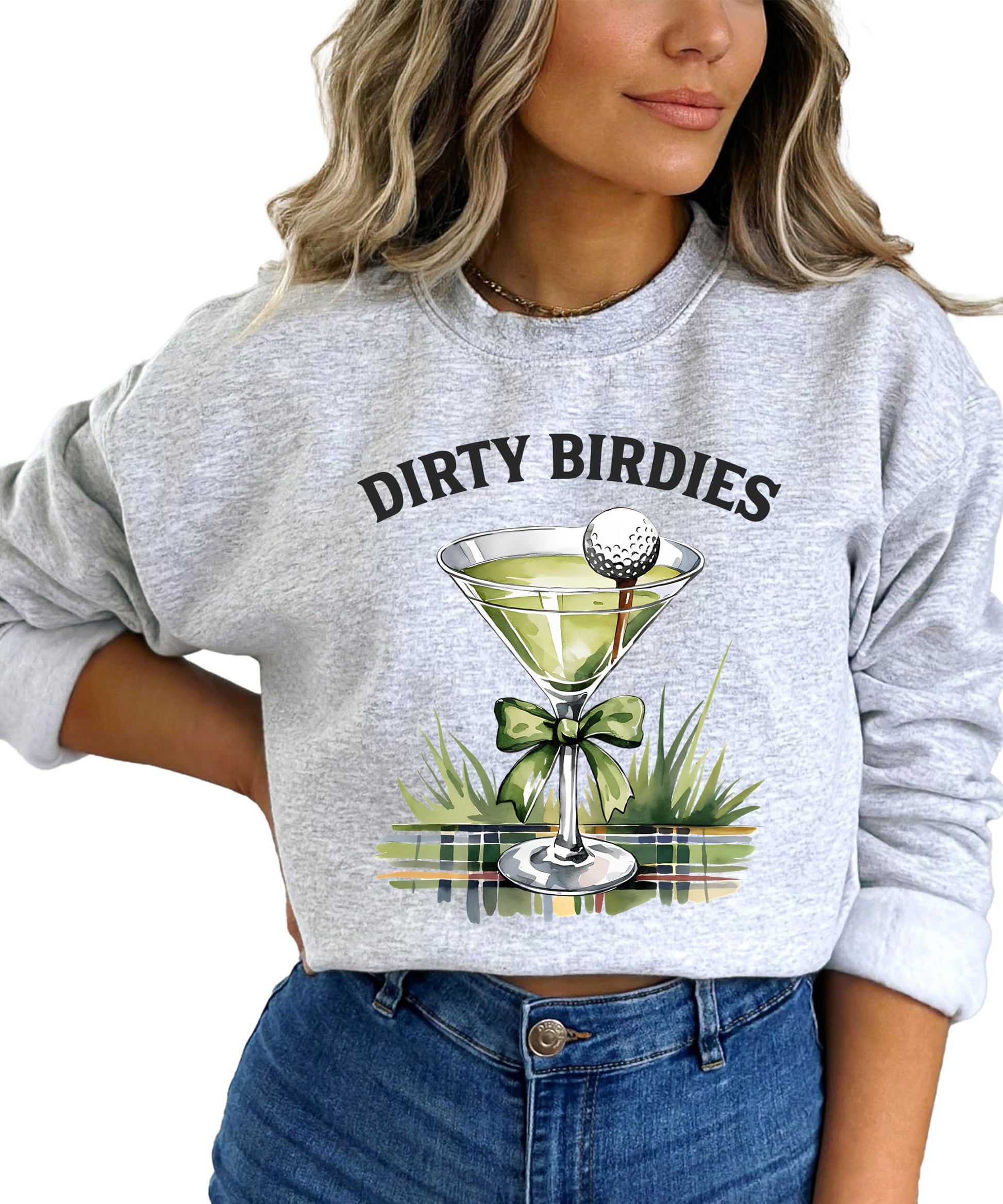 Flat lay of Dirty Birdies funny ladies golf crewneck sweatshirt in white