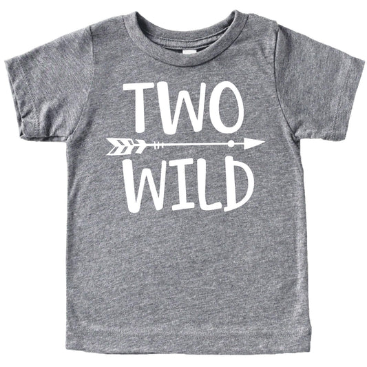 Front view of the Two Wild toddler birthday shirt with bold graphic print