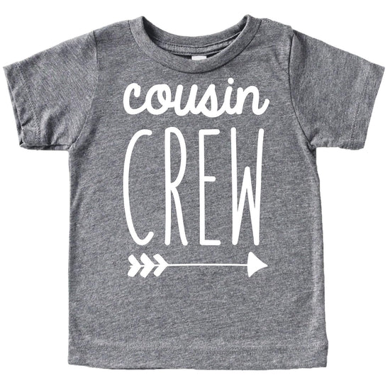 Gray Cousin Crew arrow t-shirt for baby and toddler with black text and arrow design