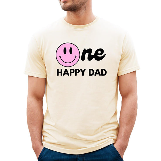 Close-up of One Happy Family graphic print on natural birthday matching shirt