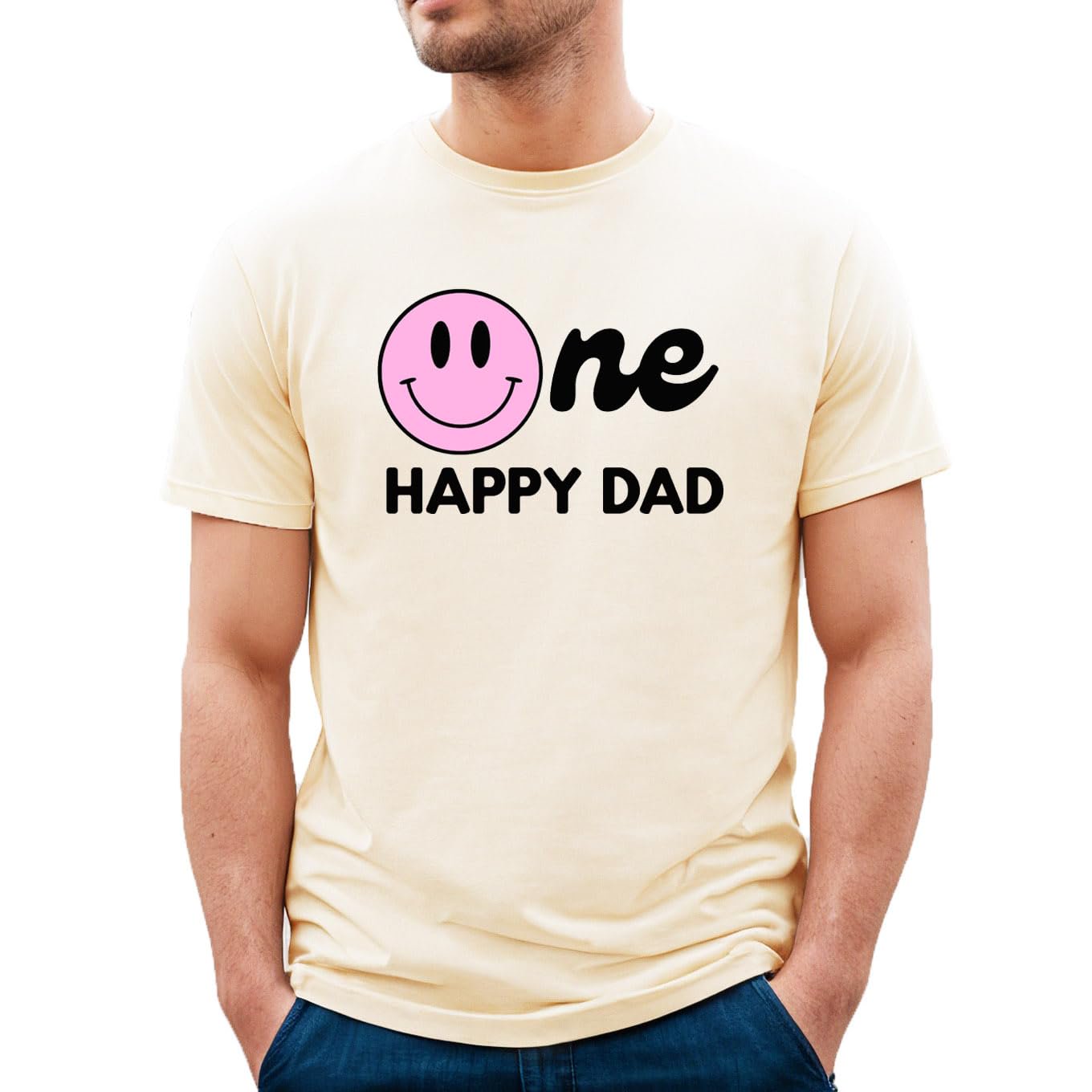 Close-up of One Happy Family graphic print on natural birthday matching shirt