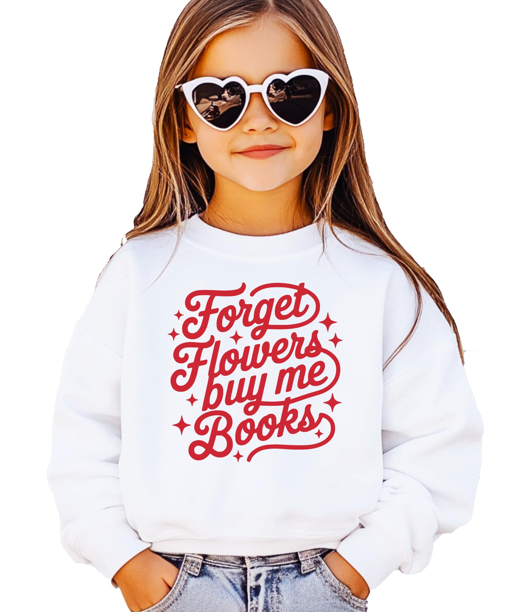 Model wearing Forget Flowers Buy Me Books white sweatshirt, cozy funny Valentine's Day bookworm apparel