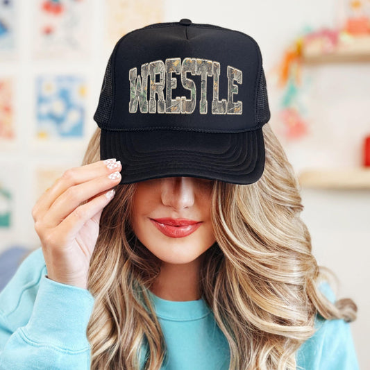 Wrestling Trucker Hat for Women Men Classic 5 Panel Foam Front Mesh Snapback