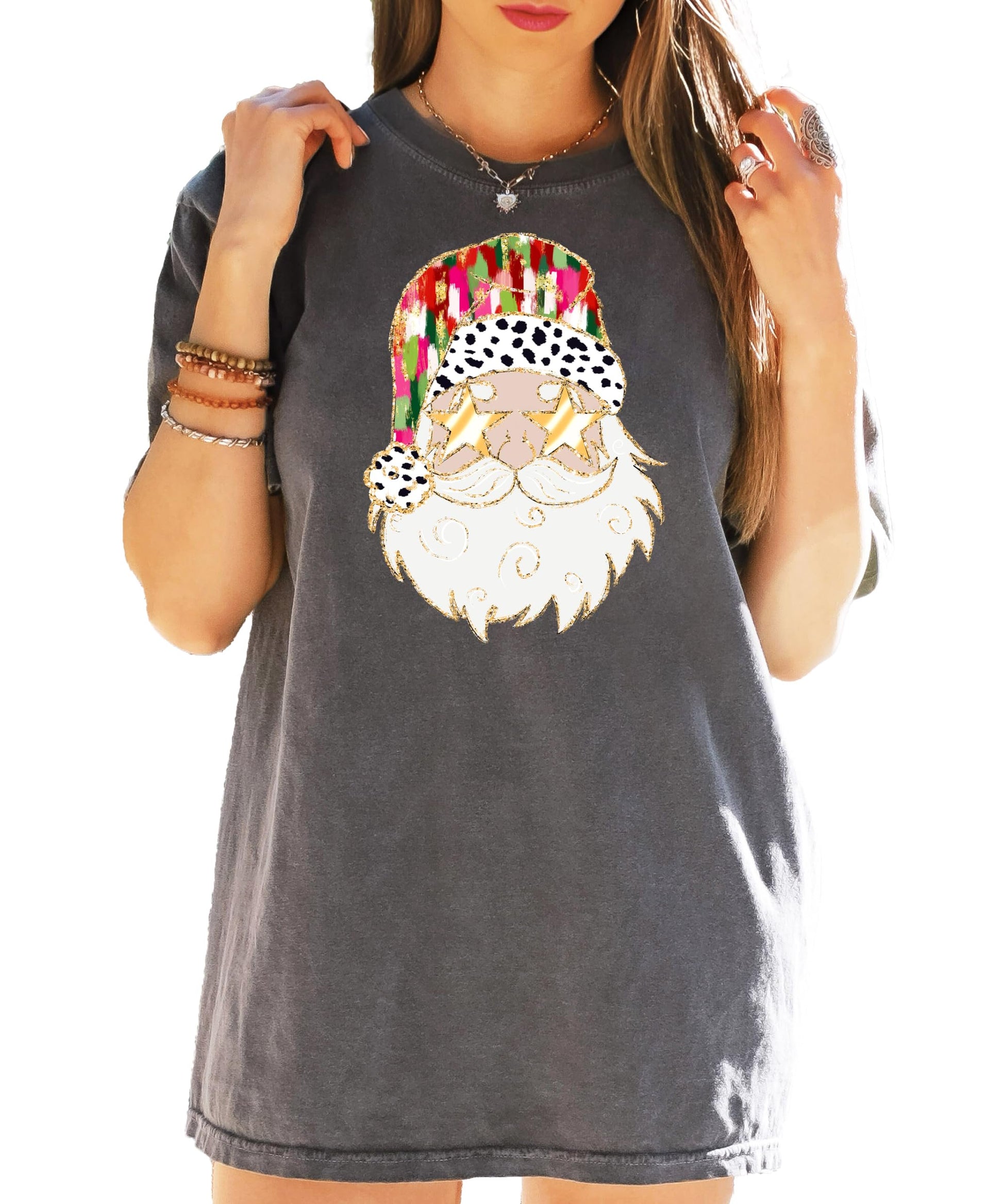 Detail shot of high-quality Santa with gold sunglasses print on women's ivory Christmas graphic tee