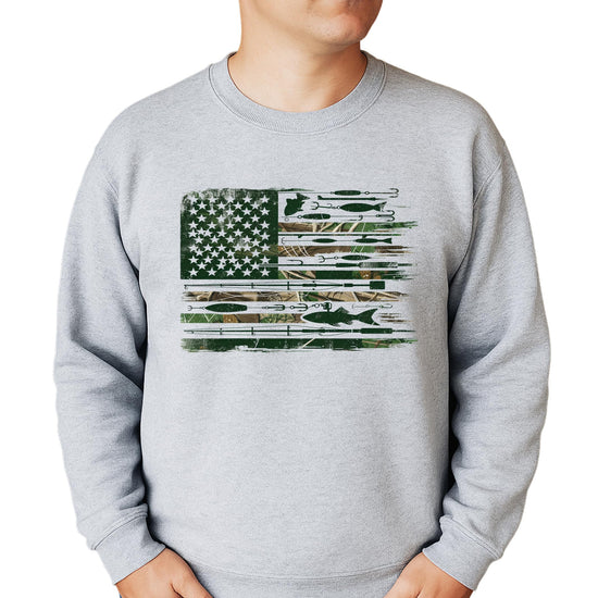 Detail shot of high-quality print on USA flag fishing pullover sweatshirt for men