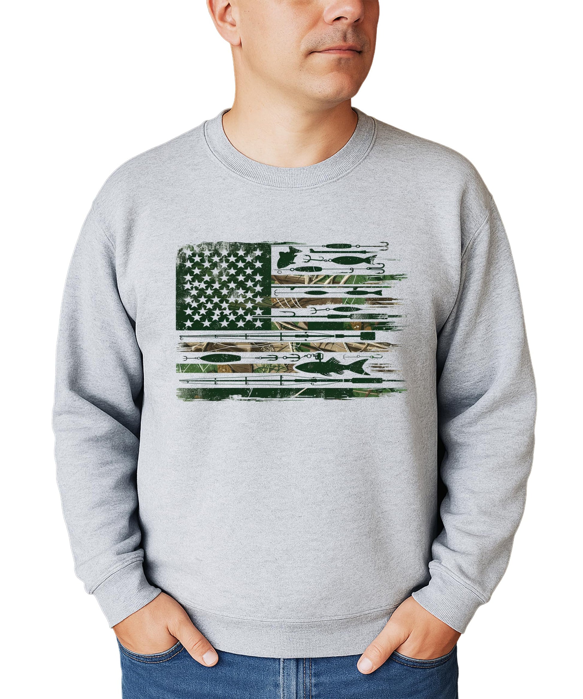 Detail shot of high-quality print on USA flag fishing pullover sweatshirt for men