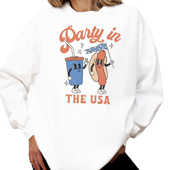 Close-up of Party In The USA retro hot dog print on white crewneck sweatshirt