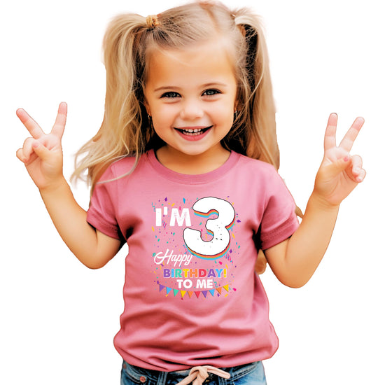 Flat lay of mauve kids birthday tee showing 'I'm 3' design detail and crew neck style