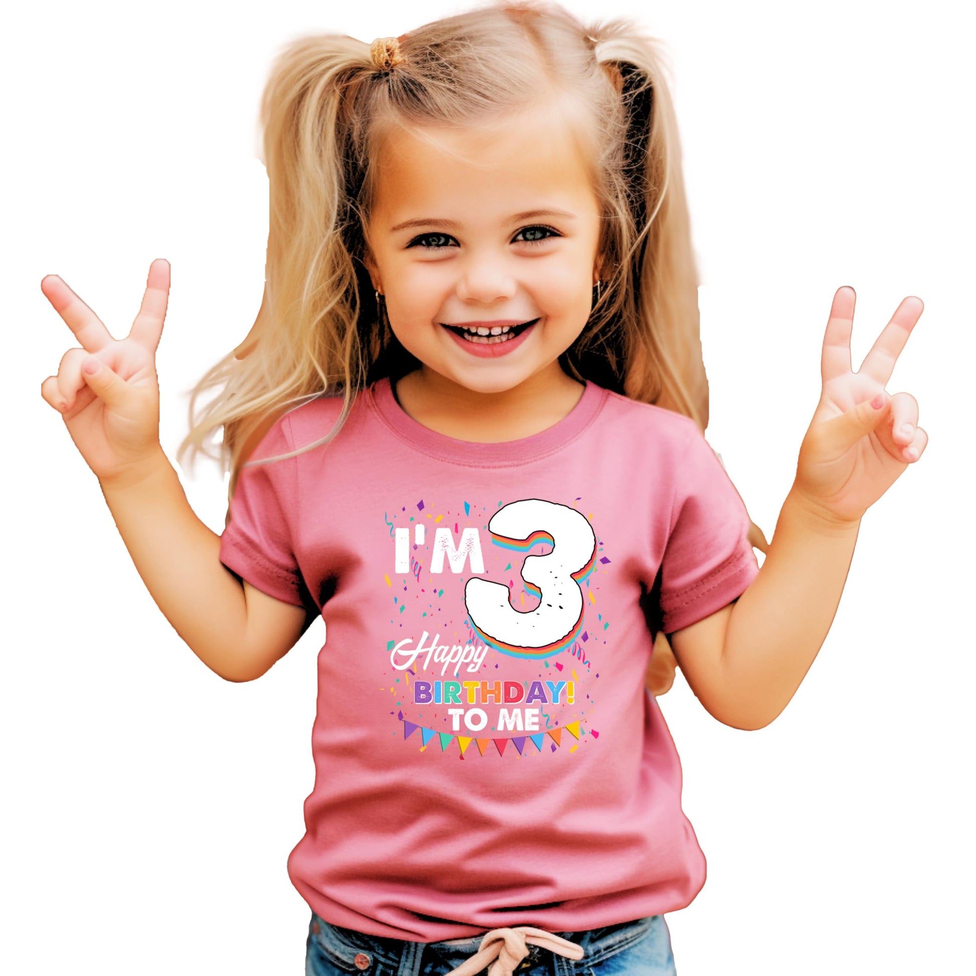 Flat lay of mauve kids birthday tee showing 'I'm 3' design detail and crew neck style