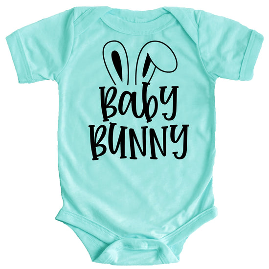 Infant wearing matching family Easter bodysuit with Baby Bunny Chill design