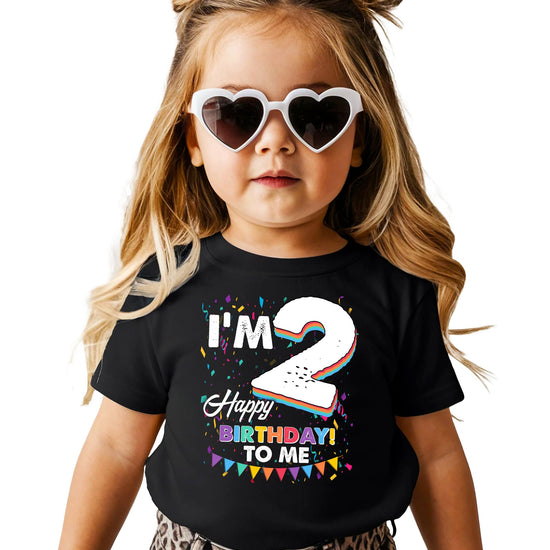 Flat lay of unisex toddler 'I'm 2 Happy Birthday to Me' graphic tee showing full design