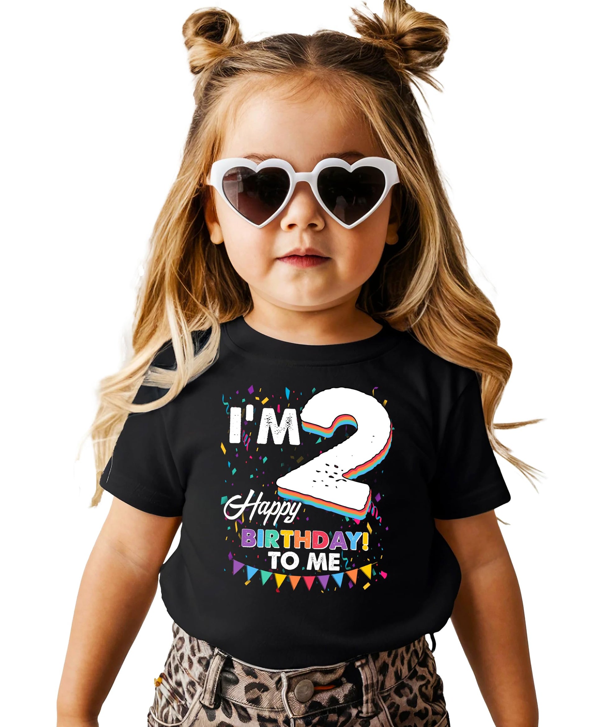 Flat lay of unisex toddler 'I'm 2 Happy Birthday to Me' graphic tee showing full design