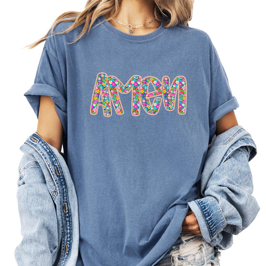 Women's floral bubble letter Amen graphic tee in a relaxed fit, colorful flower design on soft cotton shirt