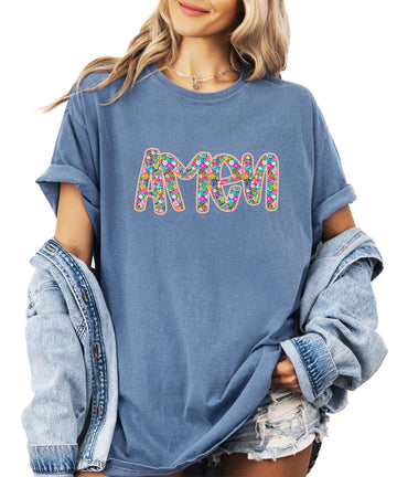 Women's floral bubble letter Amen graphic tee in a relaxed fit, colorful flower design on soft cotton shirt