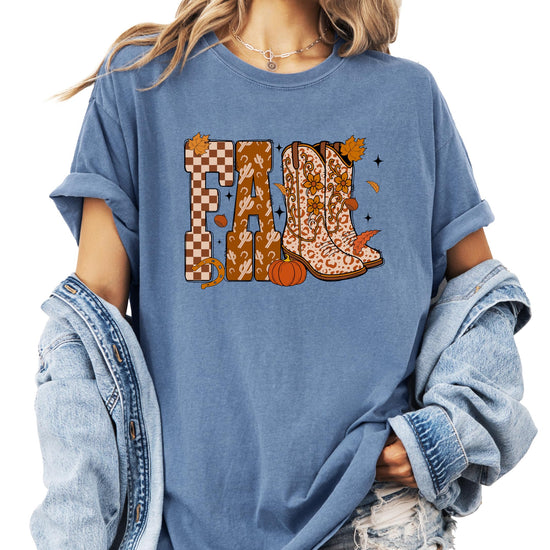 Seafoam green women's graphic tee with FALL spelled out in cowboy boots, pumpkins, and autumn leaves — Desert Cowgirl design