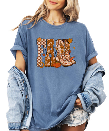 Seafoam green women's graphic tee with FALL spelled out in cowboy boots, pumpkins, and autumn leaves — Desert Cowgirl design
