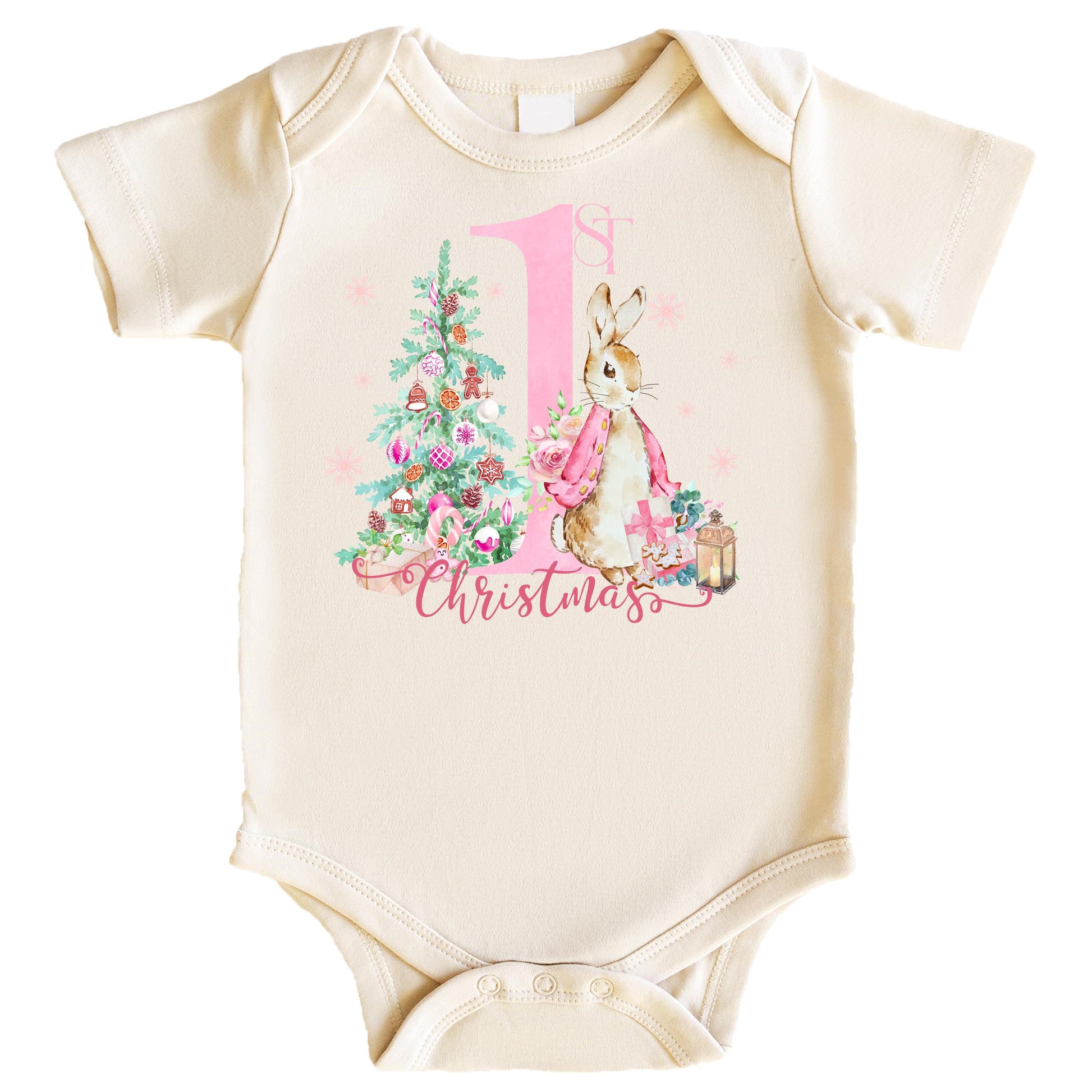 Baby girl wearing a natural-toned First Christmas bunny graphic bodysuit, front view